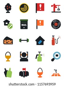 Color and black flat icon set - radar vector, garden sprayer, barbell, important flag, search cargo, vinyl, face id, mailbox, fruit tree, smart home, crane, estate insurance, egg stand, cheese