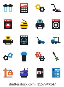 Color and black flat icon set - coffee machine vector, washer, fork loader, gear, lawn mower, ripper, printer, copier, crane, water filter, combination lock