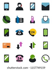 Color and black flat icon set - mobile phone vector, office, 24 hours, support, cell, mail, call, data exchange