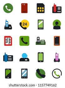 Color and black flat icon set - phone vector, mobile, office, 24 hours, cell, radio, back, call, sim, support