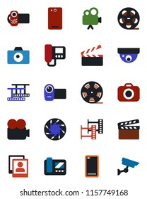 Color and black flat icon set - camera vector, clapboard, film frame, reel, video, phone back, mobile, photo gallery, intercome, surveillance