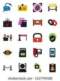 Color and black flat icon set - fence vector, barrier, passport control, bomb in case, identity, hose, shield, chain, sd, lock, face id, eye, vip zone, home, fingerprint, intercome, app, pass card