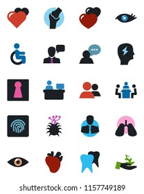 Color and black flat icon set - female vector, brainstorm, manager place, heart, disabled, lungs, real, tooth, eye, joint, virus, client, speaker, group, fingerprint id, meeting, palm sproute