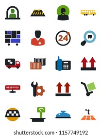 Color and black flat icon set - taxi vector, airport bus, 24 around, reception, doctor, office phone, cargo container, consolidated, up side sign, heavy scales, search, root setup, support, moving