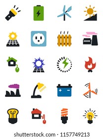 Color and black flat icon set - factory vector, fire, torch, brightness, charge, desk lamp, sun panel, windmill, heater, home control, socket, bulb, energy saving, battery, idea