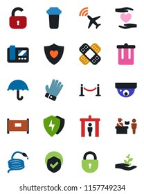 Color and black flat icon set - plane radar vector, fence, passport control, security gate, trash bin, lock, glove, hose, patch, heart shield, hand, umbrella, protect, intercome, water filter