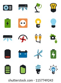 Color and black flat icon set - bulb vector, ripper, battery, low, rca, charge, desk lamp, air conditioner, home control, socket, energy saving, windmill, idea