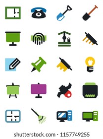 Color and black flat icon set - presentation board vector, drawing pin, bulb, pencil, shovel, rake, well, satellite, hdmi, fingerprint id, plan, phone, rolling, pc