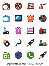 Color and black flat icon set - alarm clock vector, phone, abacus, stamp, sickle, vinyl, flame disk, radio, tv, office, turkish coffee, rocket