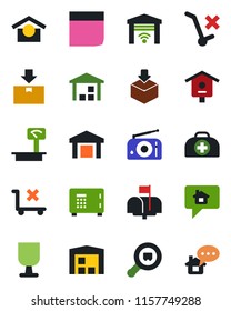 Color and black flat icon set - safe vector, bird house, doctor case, fragile, warehouse storage, no trolley, package, heavy scales, search cargo, radio, blank box, mailbox, garage gate control
