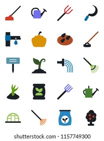 Color and black flat icon set - farm fork vector, rake, watering can, sproute, hoe, sickle, plant label, pumpkin, greenhouse, seeds, fertilizer, drip irrigation, fruit tree