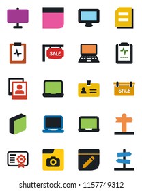 Color and black flat icon set - identity vector, notebook pc, document, pulse clipboard, signpost, monitor, laptop, notes, photo gallery, presentation board, blank box, sale, certificate, guidepost