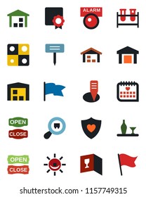 Color and black flat icon set - plant label vector, blood test vial, heart shield, medical calendar, warehouse, search cargo, application, sertificate, alcohol, wine card, open close, alarm led