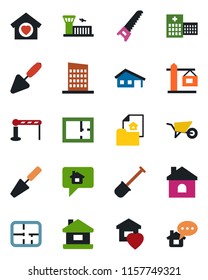 Color and black flat icon set - barrier vector, airport building, trowel, shovel, wheelbarrow, saw, house, hospital, with garage, plan, estate document, sweet home, city, crane, message