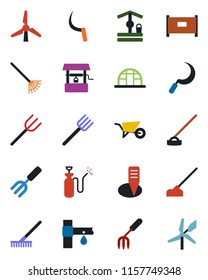 Color and black flat icon set - fence vector, garden fork, farm, rake, wheelbarrow, well, hoe, sickle, plant label, greenhouse, sprayer, drip irrigation, windmill