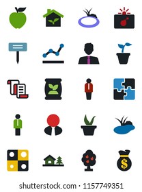 Color and black flat icon set - bomb in case vector, manager, contract, seedling, plant label, pond, fertilizer, application, point graph, house with tree, fruit, estate agent, apple, eco, money bag