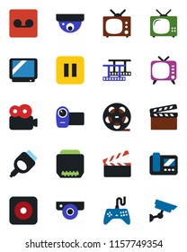 Color and black flat icon set - clapboard vector, film frame, reel, tv, gamepad, video camera, pause button, rec, hdmi, record, web, intercome, surveillance