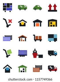 Color and black flat icon set - truck trailer vector, cargo container, car delivery, sea port, consolidated, warehouse storage, up side sign, no trolley, moving