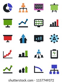 Color and black flat icon set - hierarchy vector, presentation board, statistic monitor, circle chart, pulse, clipboard, bar graph, point, arrow up, growth, crisis