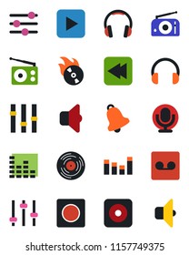 Color and black flat icon set - vinyl vector, flame disk, radio, settings, equalizer, microphone, headphones, play button, rewind, rec, tuning, bell, record, sound