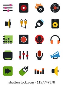 Color and black flat icon set - vinyl vector, flame disk, speaker, loudspeaker, settings, equalizer, microphone, headphones, fast forward, rec button, rca, hdmi, tuning, record, sound