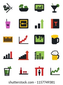 Color and black flat icon set - security gate vector, growth statistic, barcode, equalizer, scanner, monitor statistics, bar graph, alcohol, wine card, cocktail, phyto, beer, salad, sushi