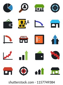 Color and black flat icon set - shop vector, checkroom, growth statistic, crisis graph, store, pie, hr, target, consumer search, arrow up, wallet, storefront