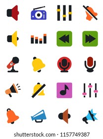 Color and black flat icon set - microphone vector, radio, speaker, loudspeaker, settings, equalizer, fast forward, rewind, tuning, bell, mute, music, sound, advertising