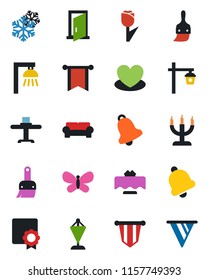 Color and black flat icon set - pennant vector, butterfly, garden light, heart, tulip, themes, bell, sertificate, cushioned furniture, restaurant table, candle, snowflake, outdoor lamp, door, pennon