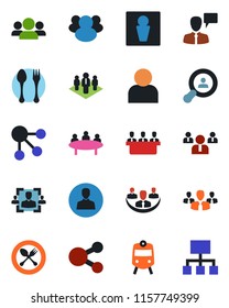 Color and black flat icon set - spoon and fork vector, train, male, speaking man, team, meeting, group, user, company, hr, client search, social media, hierarchy