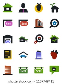 Color and black flat icon set - office building vector, real heart, contract, house, with garage, rent, sold signboard, estate search, agent, city, eco, home message