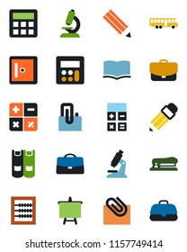 Color and black flat icon set - airport bus vector, checkroom, book, calculator, presentation board, microscope, case, paper clip, abacus, pencil, stapler