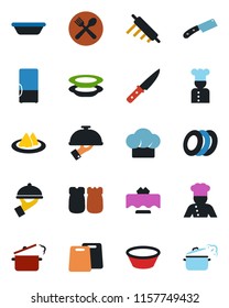 Color and black flat icon set - fridge vector, cook, restaurant table, serviette, cafe, hat, plates, waiter, salt and pepper, bowl, rolling pin, cutting board, knife, steaming pan