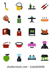 Color and black flat icon set - waiter vector, cook, alcohol, restaurant table, wine card, menu, beer, salt and pepper, bread, chicken, kebab, ham, ladle, bowl, steaming pan, apple fruit, storefront