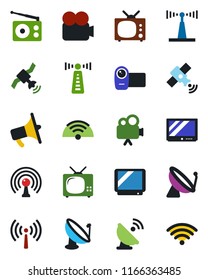 Color and black flat icon set - antenna vector, satellite, radio, loudspeaker, tv, video camera, wireless