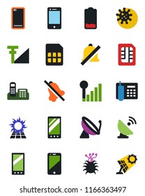 Color and black flat icon set - satellite antenna vector, virus, cell phone, low battery, mobile, back, sim, mute, cellular signal, office, sun panel