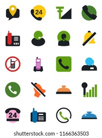 Color and black flat icon set - phone vector, no mobile, office, 24 hours, support, tracking, radio, call, mute, cellular signal, reception