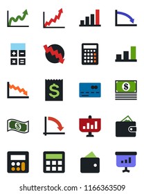 Color and black flat icon set - credit card vector, calculator, crisis graph, receipt, bar, wallet, growth, cash, presentation