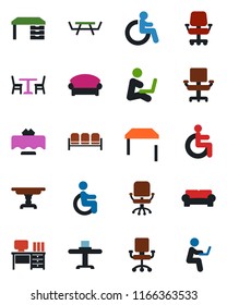 Color and black flat icon set - cafe vector, waiting area, disabled, office chair, desk, picnic table, cushioned furniture, restaurant, man with notebook