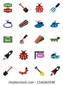 Color and black flat icon set - job vector, garden fork, shovel, lady bug, caterpillar, pond, rent, bacon, open close, rocket