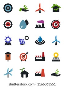 Color and black flat icon set - factory vector, bird house, target, sun panel, windmill, eco, water, palm sproute