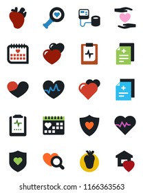 Color and black flat icon set - heart vector, pulse, diagnosis, blood pressure, diagnostic, shield, hand, real, medical calendar, clipboard, sweet home