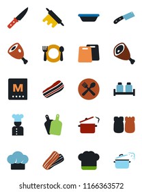 Color and black flat icon set - cook vector, cafe, hat, menu, bacon, salt and pepper, ham, bowl, rolling pin, cutting board, knife, steaming pan