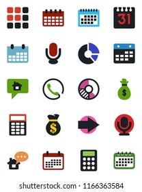 Color and black flat icon set - right arrow vector, calendar, circle chart, microphone, menu, calculator, phone, home message, money bag