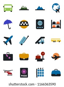 Color and black flat icon set - plane vector, taxi, suitcase, airport bus, umbrella, passport, ladder car, helicopter, seat map, luggage storage, scales, globe, mountains, case
