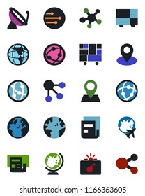 Color and black flat icon set - satellite antenna vector, bomb in case, globe, plane, earth, pin, consolidated cargo, network, share, news, social media