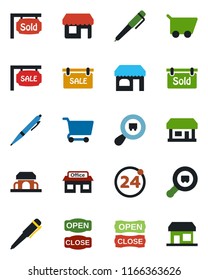 Color and black flat icon set - 24 around vector, shop, pen, store, search cargo, sale, sold signboard, cafe building, open close, cart, storefront