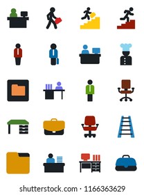 Color and black flat icon set - manager vector, desk, place, ladder, folder, career, cook, office chair, case