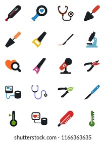 Color and black flat icon set - trowel vector, pruner, saw, stethoscope, blood pressure, thermometer, heart diagnostic, microscope, scalpel, microphone