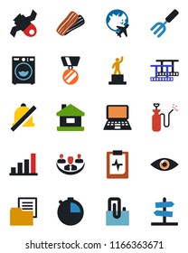 Color and black flat icon set - plane globe vector, pedestal, medal, notebook pc, garden fork, sprayer, eye, pulse clipboard, satellite, folder document, film frame, stopwatch, mute, company, house